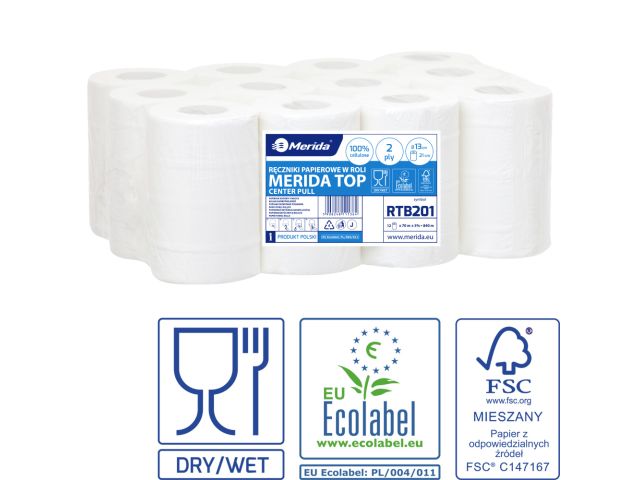 MERIDA TOP MINI - paper towel in roll, white, 2 -ply, 100% cellulose, diameter 13 cm, 70 m (12 rolls / pack.)